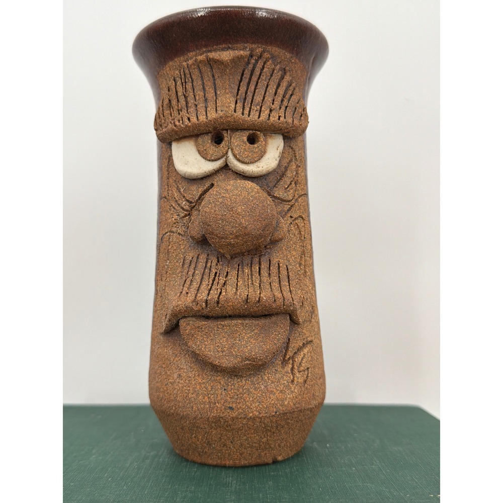 Vintage KS Studio Pottery Grumpy Face‎ Mug Handcrafted Brown Glazed Folk Art Cup